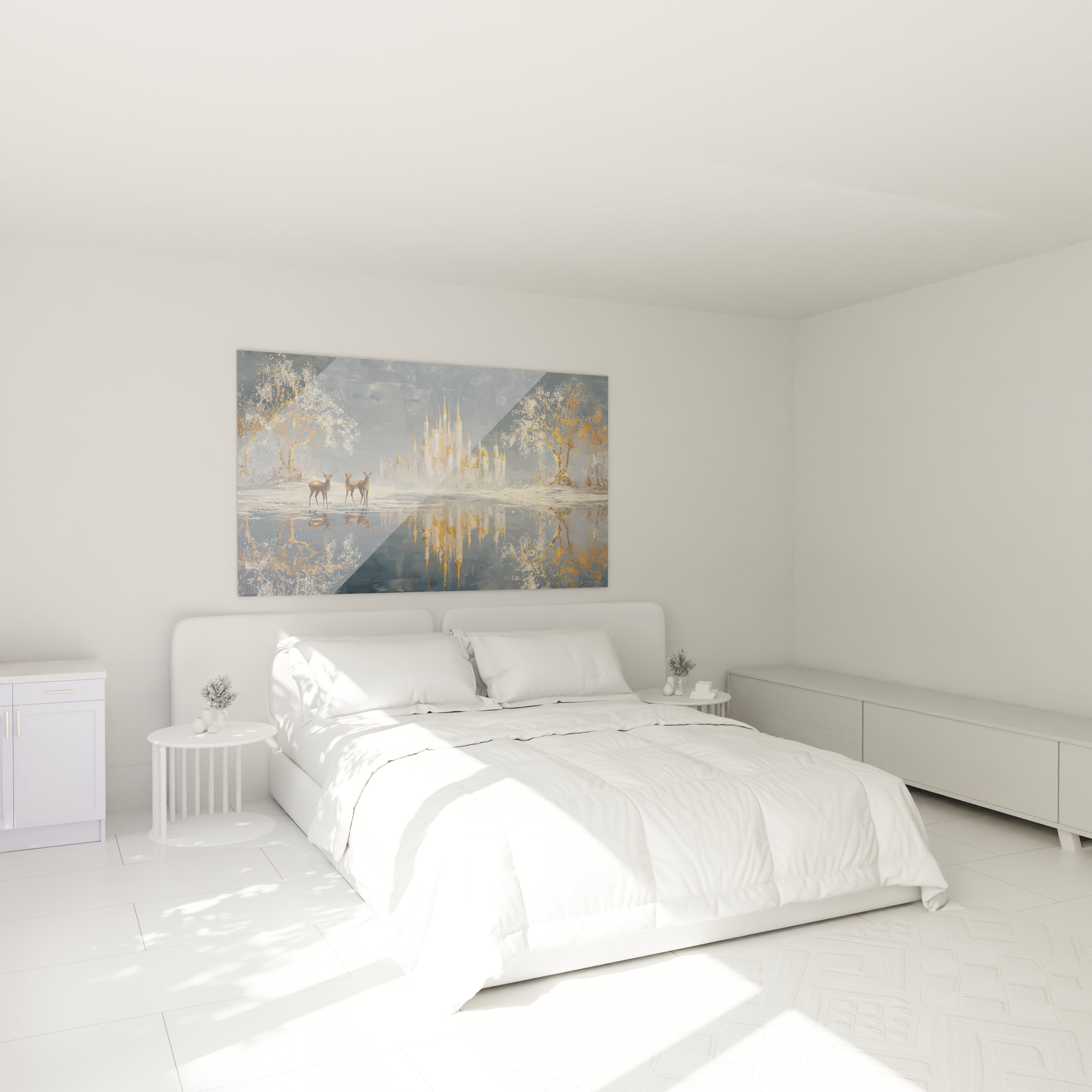 Tableau mural château neige édition Noël décoratif dans une chambre moderne et lumineuse
