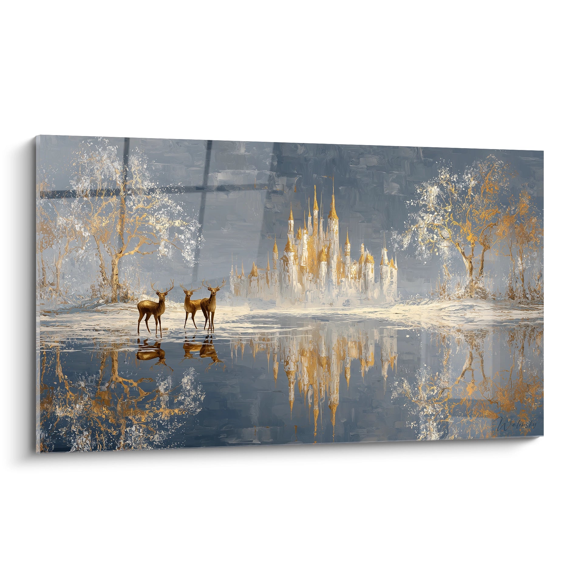 Tableau mural château neige édition Noël avec des rennes et un paysage hivernal scintillant