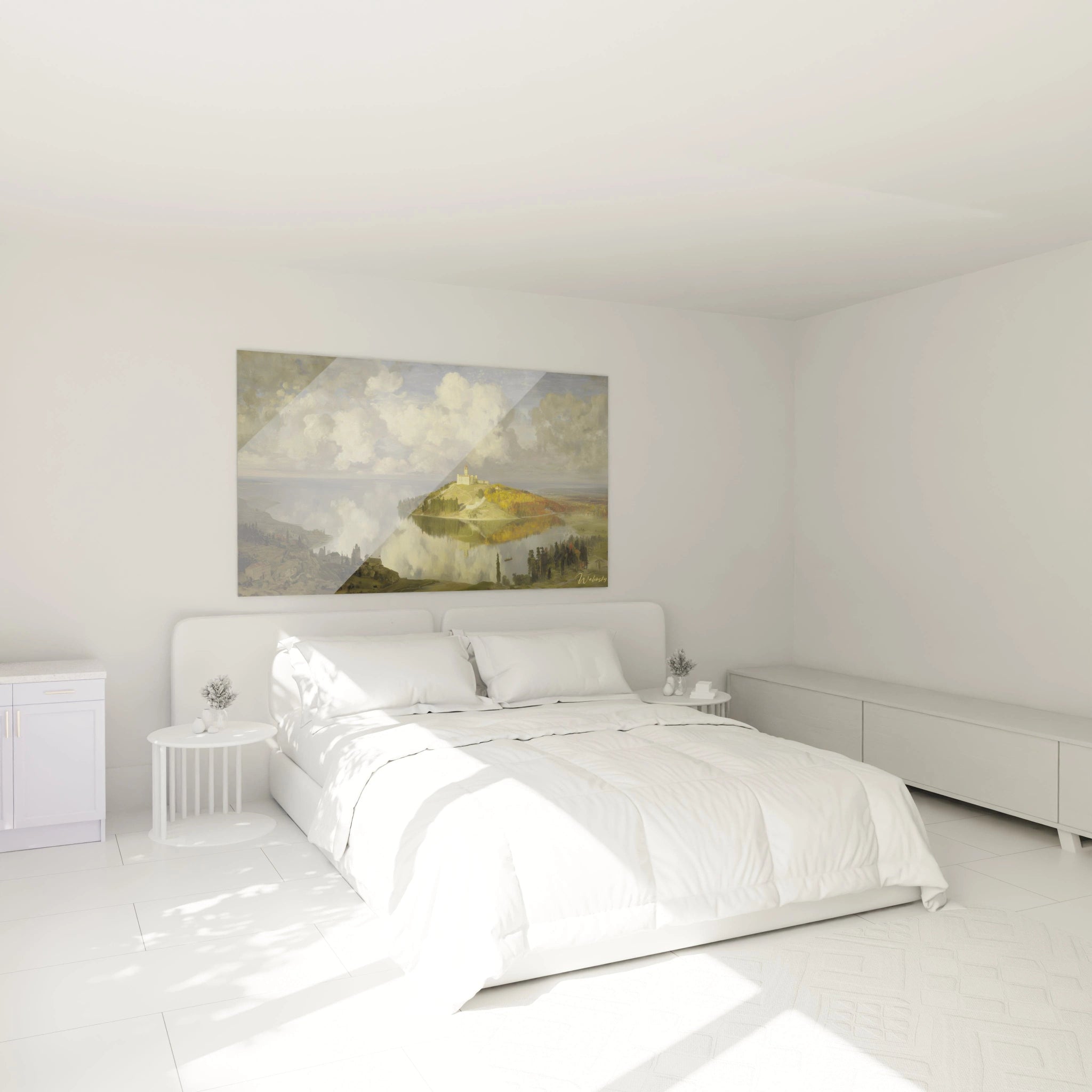 tableau château romantique Walensky accroché au dessus d un lit dans une chambre blanche moderne avec paysage de colline