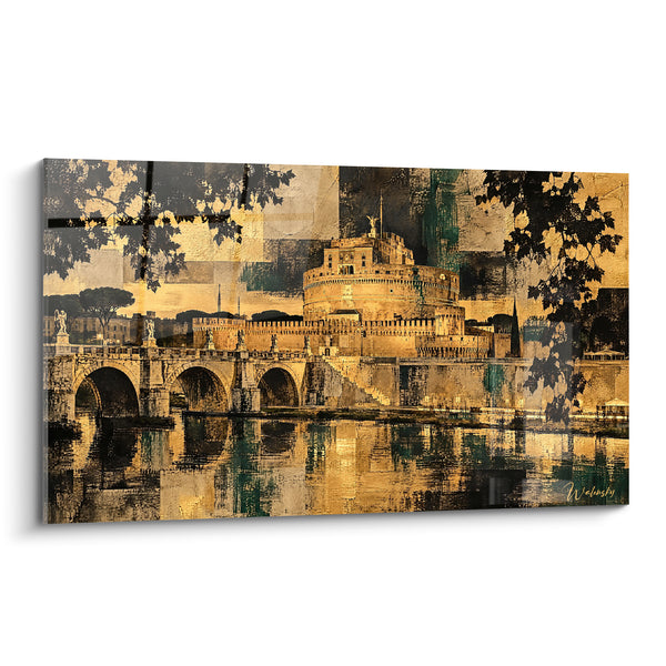 Tableau Château doré et pont romain reflété - Mémoire dorée - Edition Château Saint-Ange Latium Italie