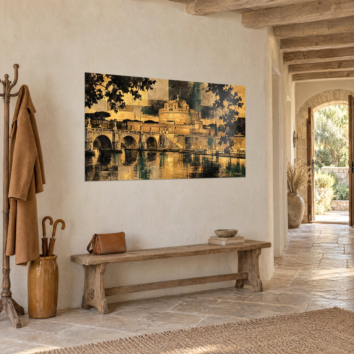 Tableau mausolée d'Hadrien en ocre et vert profond, trois arches de pierre reflétées, mur crépi clair, banc en bois et couloir voûté