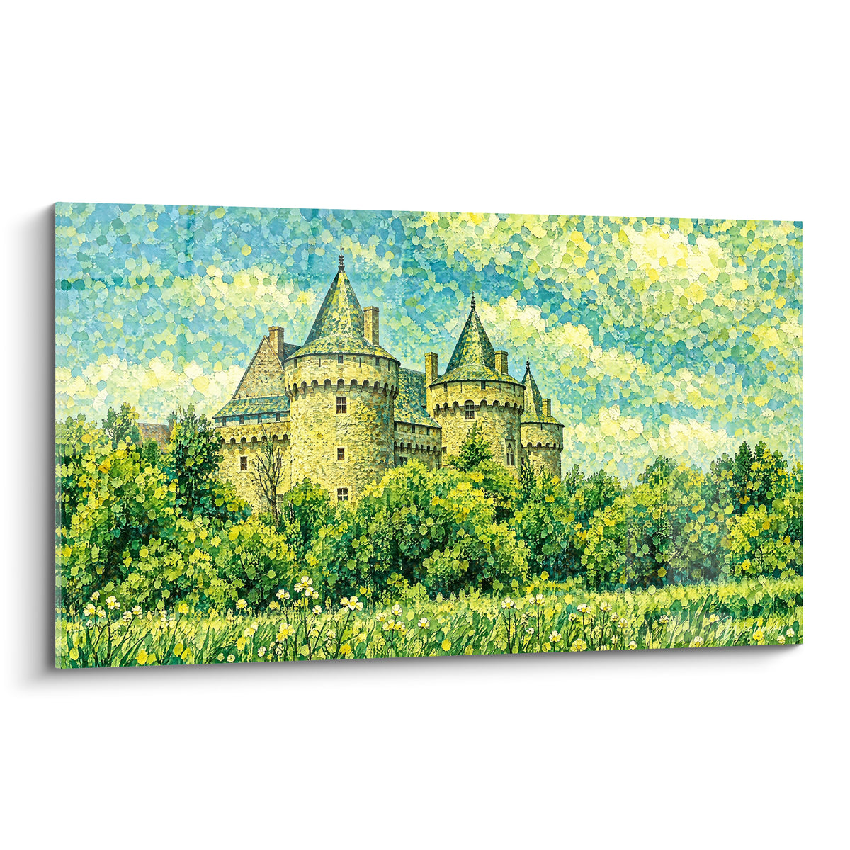 Gemälde Schloss Suscinio mit goldenen Türmchen, die aus salbeigrüner und pastellblauer Vegetation emporragen