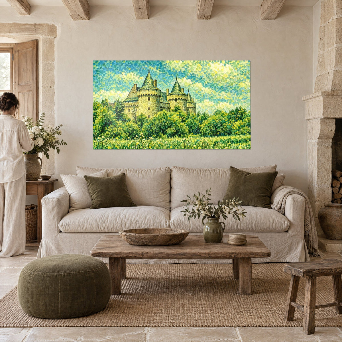 Gemälde Mittelalterliche Festung mit grünen Schieferdächern und goldenen Türmchen, pointillistischer türkisfarbener Himmel, über einem Sofa in einem hellen Wohnzimmer