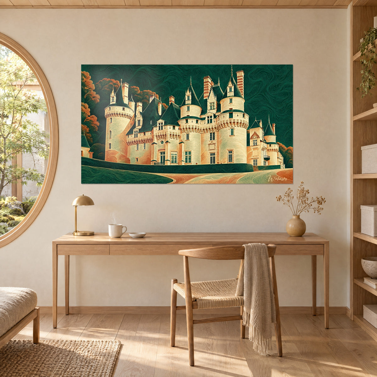 Quadro castello di Ussé in incisione stilizzata, torrette crema con riflessi arancioni e cielo di onde verdi, sulla parete di uno studio in legno chiaro