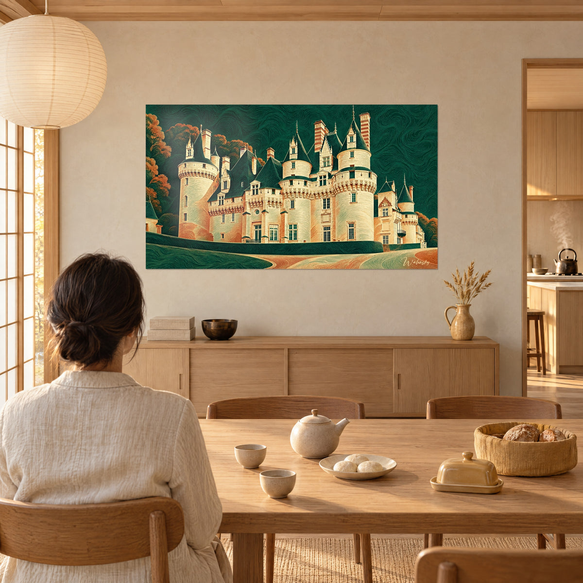 Quadro palazzo della Bella Addormentata, torri avorio e abbaini scolpiti su sfondo verde smeraldo, di fronte a un tavolo in legno chiaro, figura di spalle