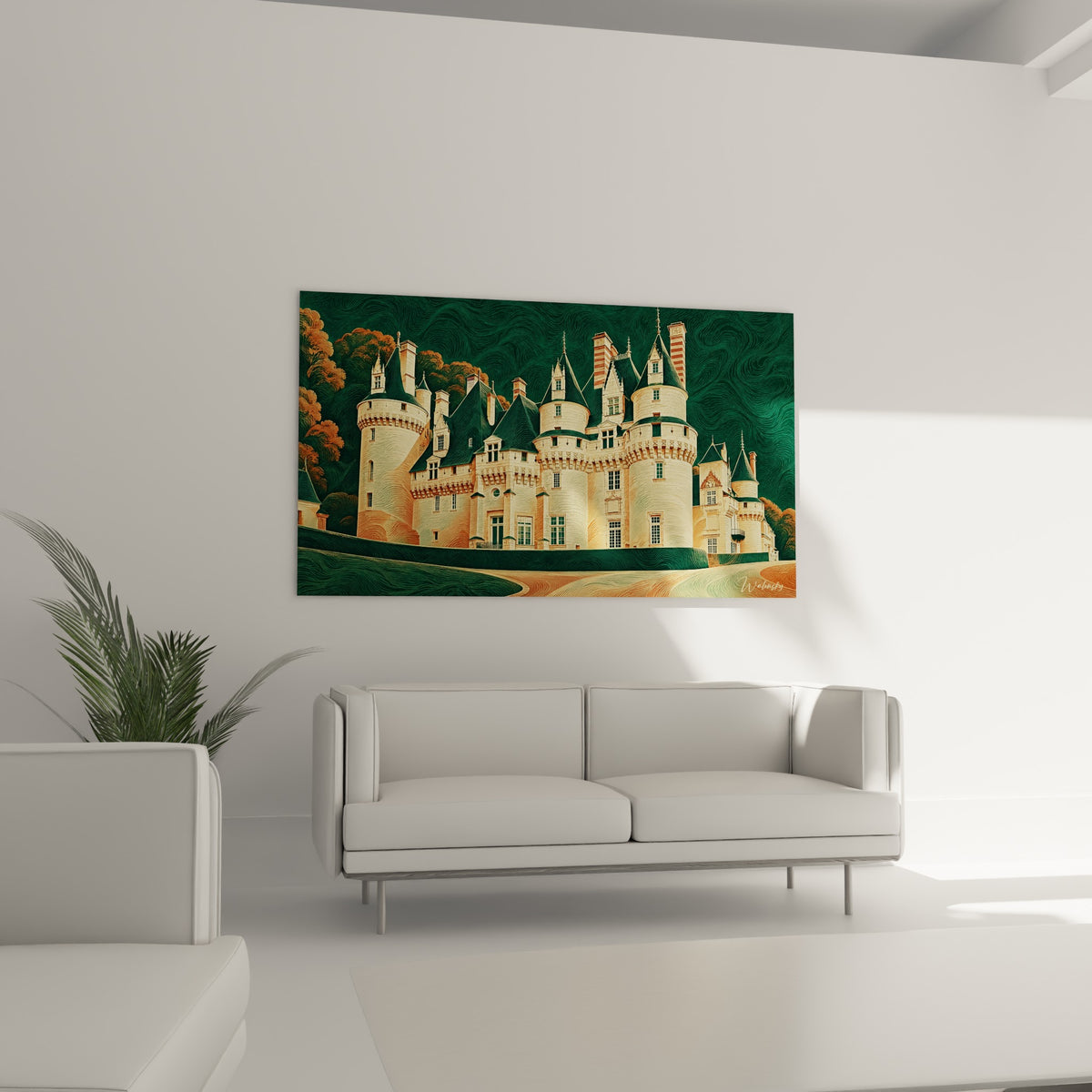 Quadro dimora feudale dalle alte torri rotonde avorio e camini a righe arancioni, vista di tre quarti su una parete beige accanto a una panca di legno