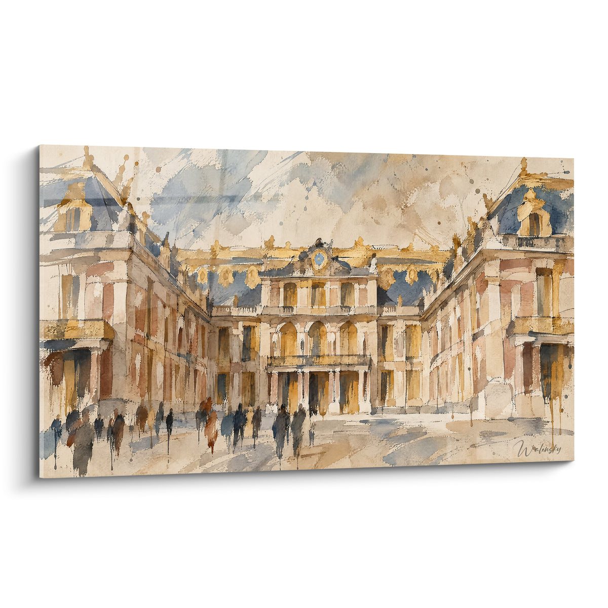 Quadro del castello di Versailles ad acquerello in ocra e azzurro pastello, facciata dorata e corte lastricata animata