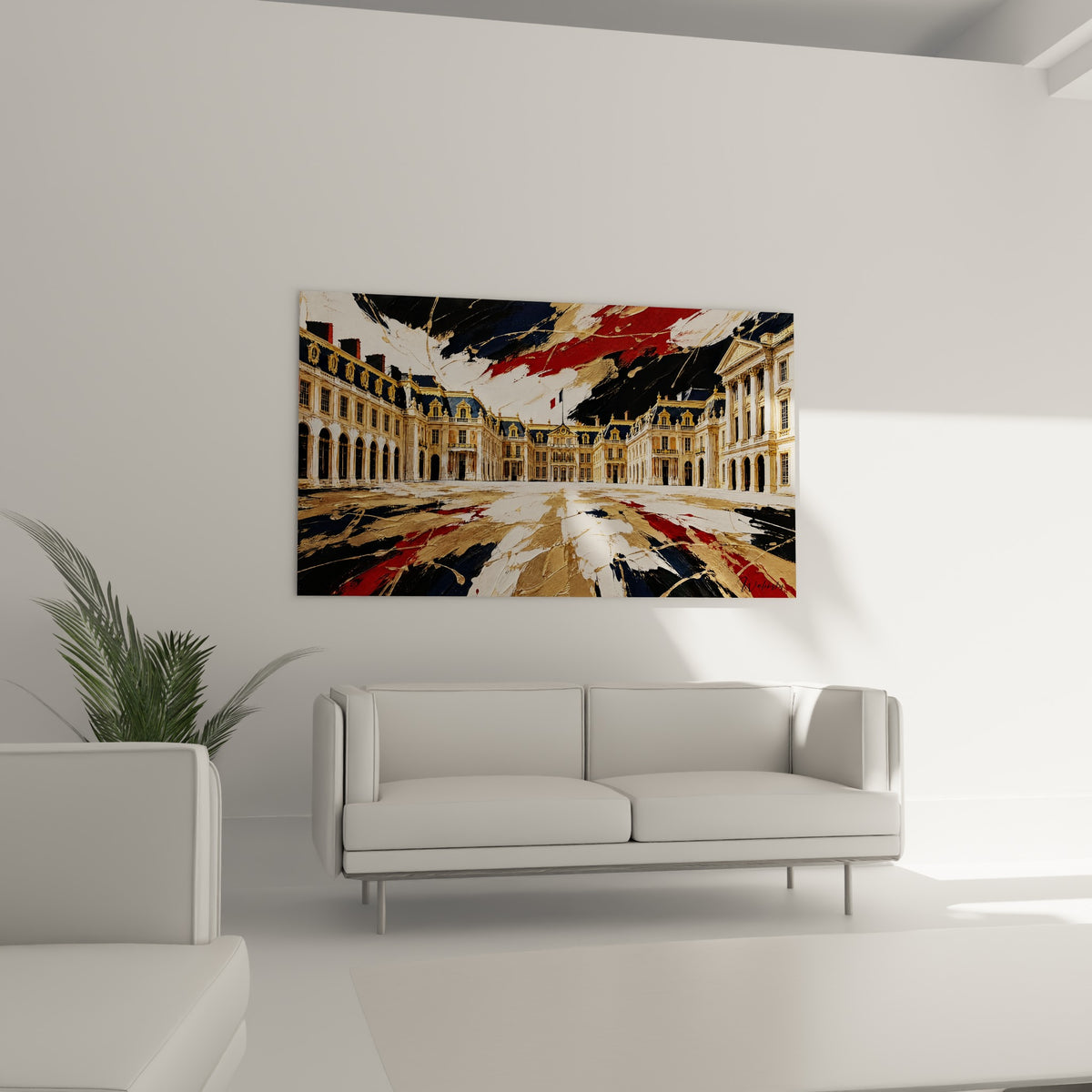 Cour du château en reflets dorés et noirs, drapeau tricolore visible, placée au-dessus d'un canapé dans un salon lumineux.