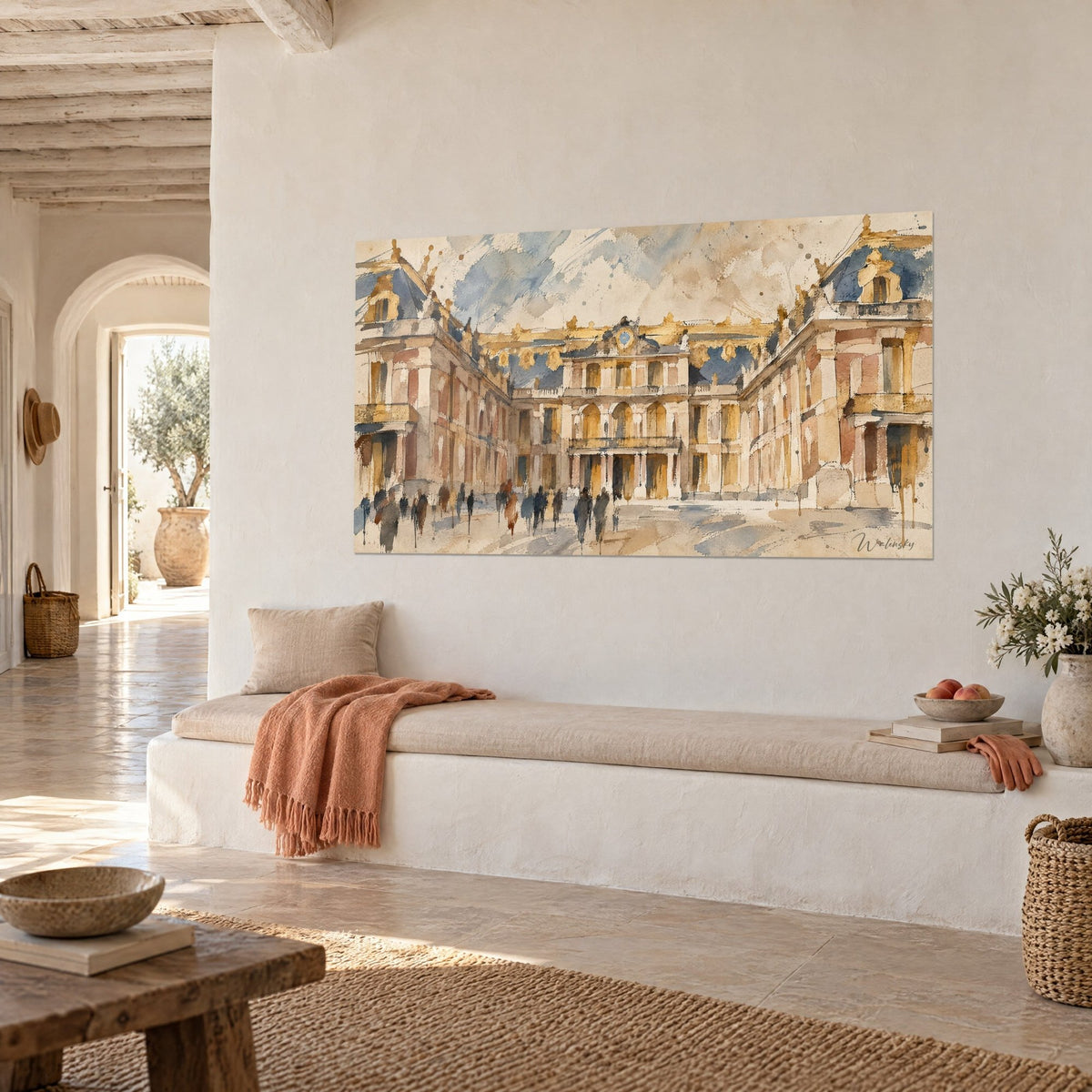 Quadro di palazzo barocco con abbaini dorati, pietra rosa e cielo azzurro-grigio, visto di tre quarti sopra una panca bianca