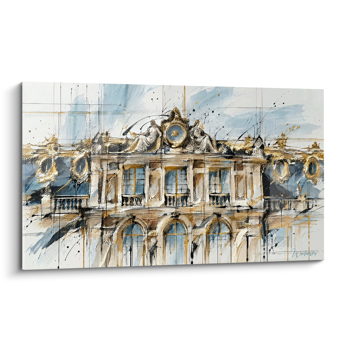 Façade royale aux statues gris et or, encre noire éclatée sur fond bleu ardoise pastel