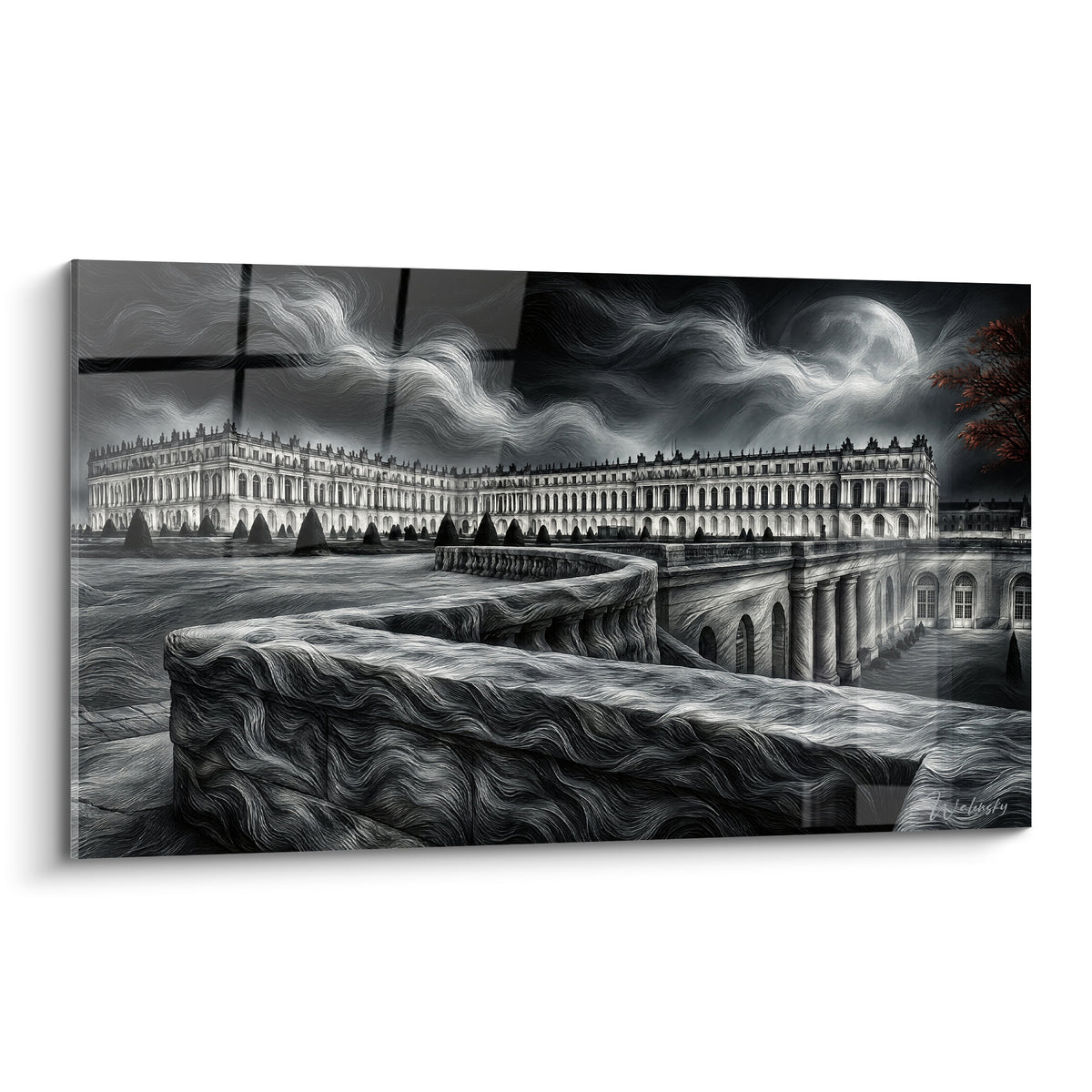 Schilderij paleis van Versailles verlicht door de volle maan, witte gevel en wervelende antracietkleurige lucht