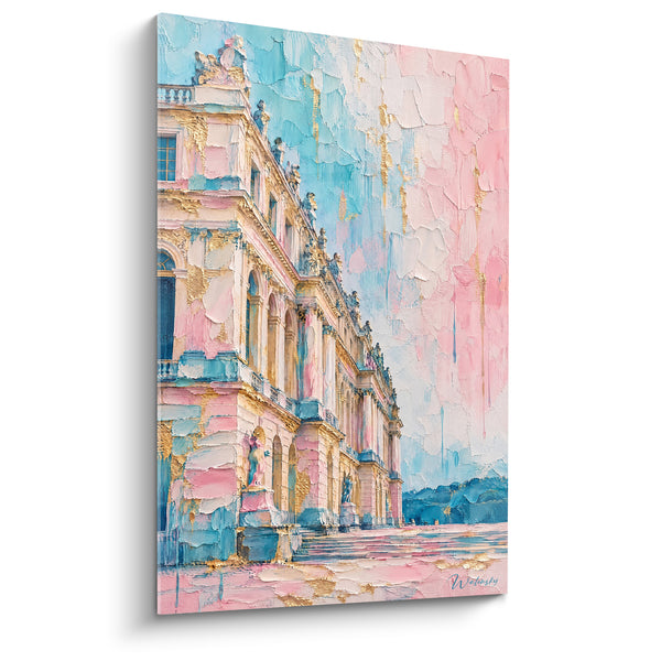 Cuadro Castillo rosado con toques dorados - Amanecer pastel real - Edición Palacio de Versalles Isla de Francia Francia