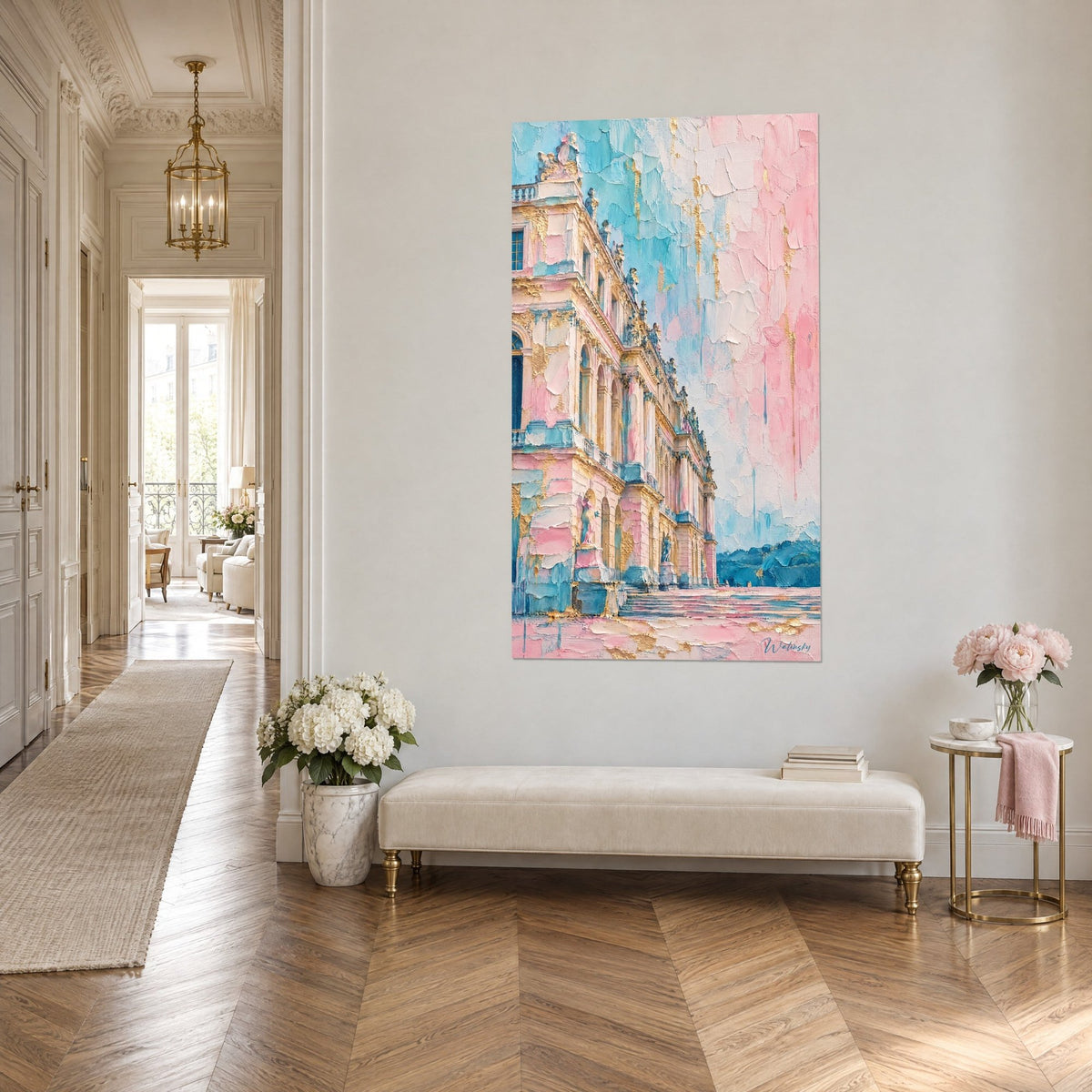 Cuadro fachada de Versalles en pasta gruesa, rosa polvo y azul cielo, vista de tres cuartos en un pasillo estilo Haussmann