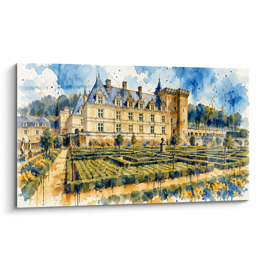 Gemälde Schloss und französische Gärten in Ocker und Blau - Königlicher Spaziergang - Edition Schloss Villandry Centre-Val de Loire Frankreich