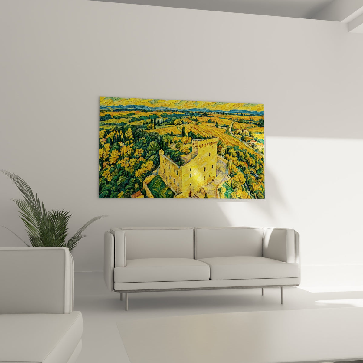 Tourelles dorées et champs verts de Châteauneuf-du-Pape disposés au-dessus d'un canapé dans un salon lumineux