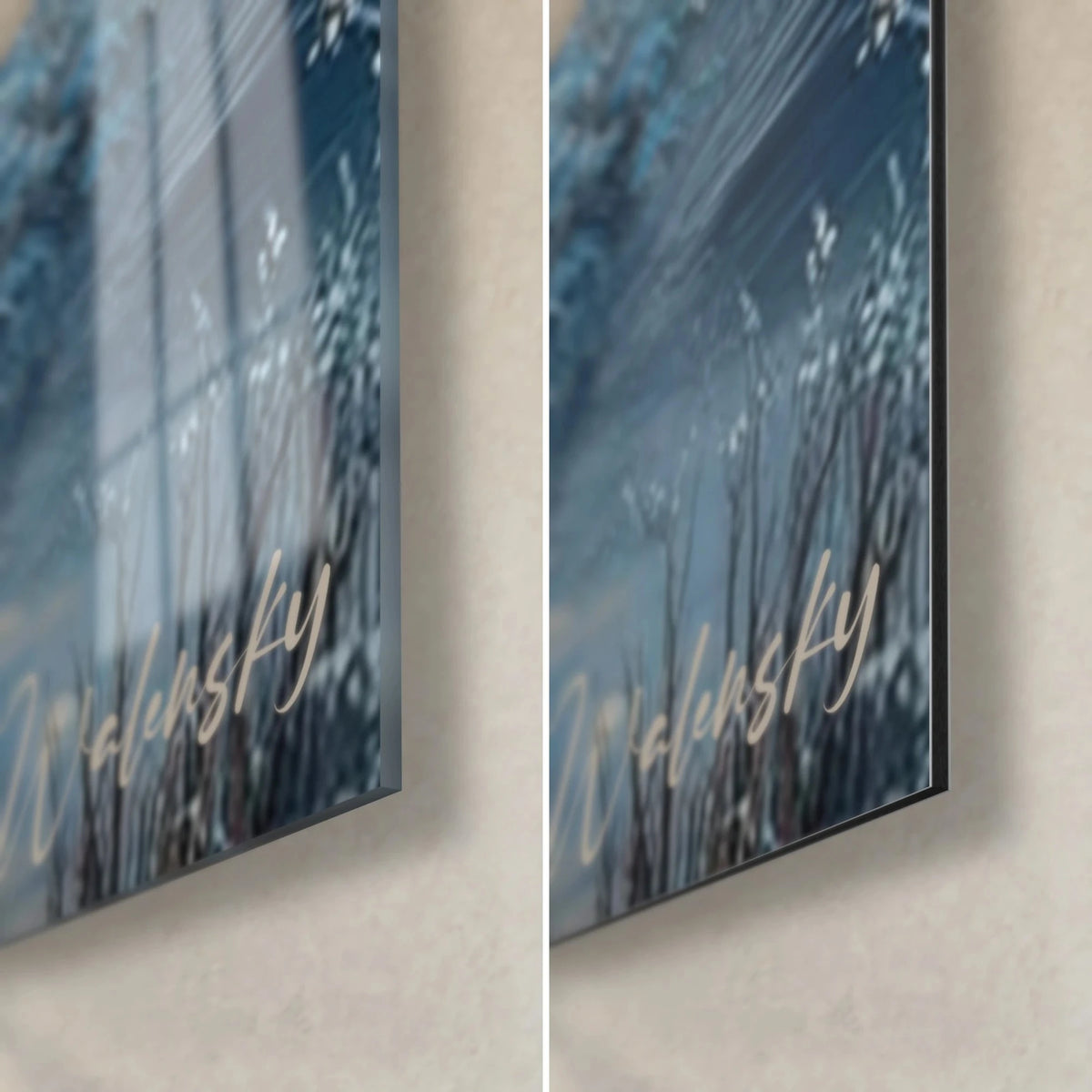 Wall art winter retreat, bottom right corner: glossy blue and white acrylic glass with reflections, matte Dibond, 3 mm edge