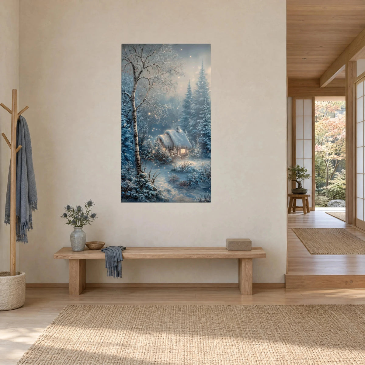 Wall art log cabin buried in snow, midnight blue pines and golden glows, three-quarter view, japandi entryway