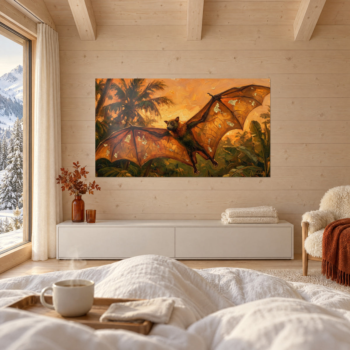 Wall art bat with open wings, dark green foliage and amber clouds, hung above a bed in a light bedroom