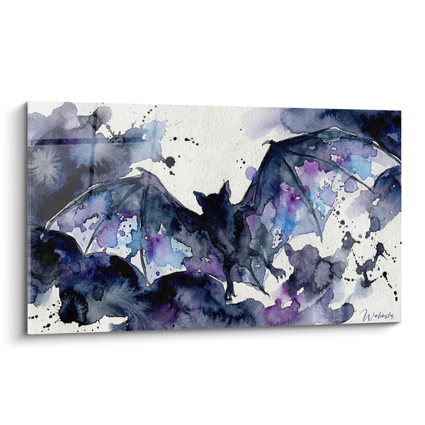 Schilderij vleermuis met uitgespreide vleugels aquarel blauwpaars - Nachtvlucht - Editie Vleermuis