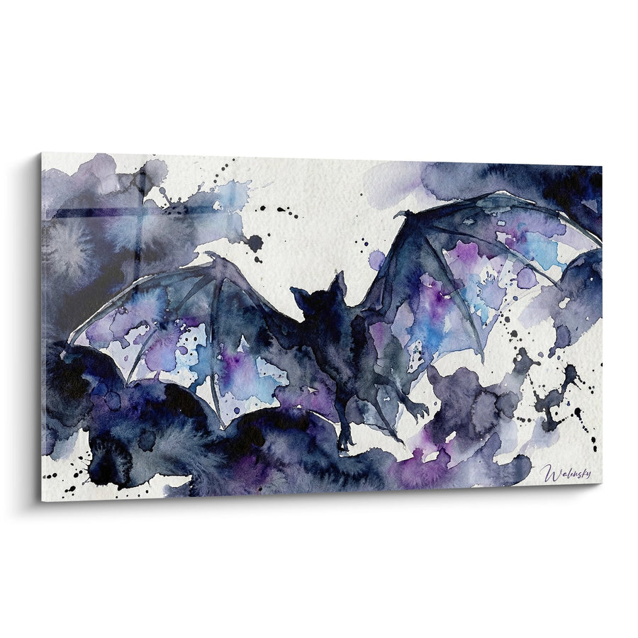 Tableau chauve-souris aux ailes déployées aquarelle bleu violet - Envol Nocturne - Edition Chauve souris