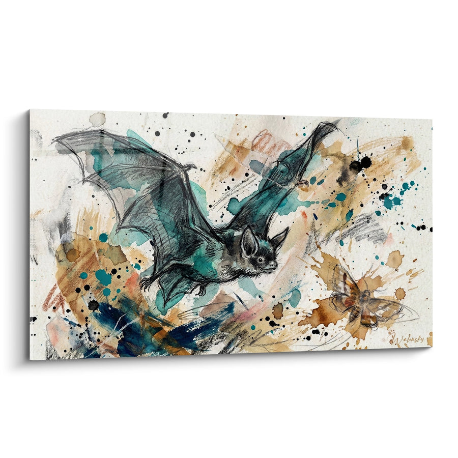 Tableau chauve-souris en vol sur fond éclaboussures turquoise et ocre - Envol Nocturne - Edition Chauve souris