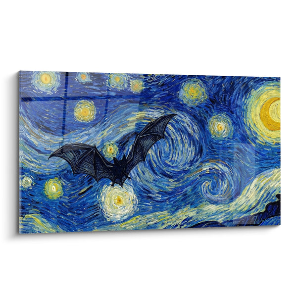 Schilderij Vliegende Vleermuis in een Sterrenhemel met Blauwe Wervelingen - Hemelse Nacht - Vleermuis Editie