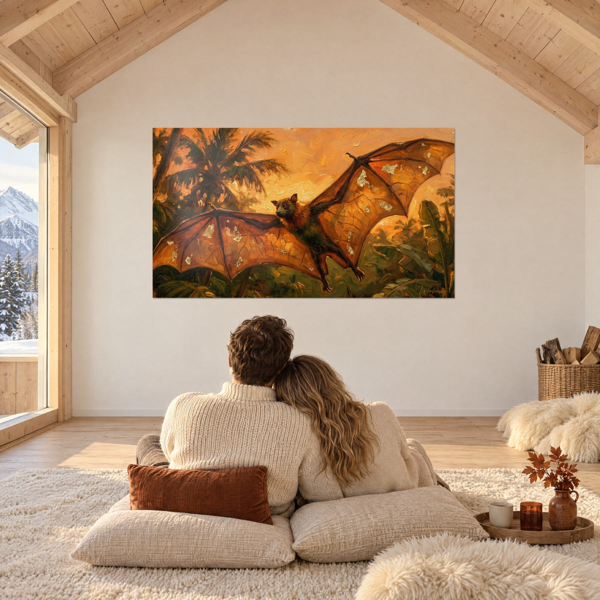 Wall art large soaring bat, rust-coloured membranes with gold touches, emerald jungle, facing a couple seated on white cushions