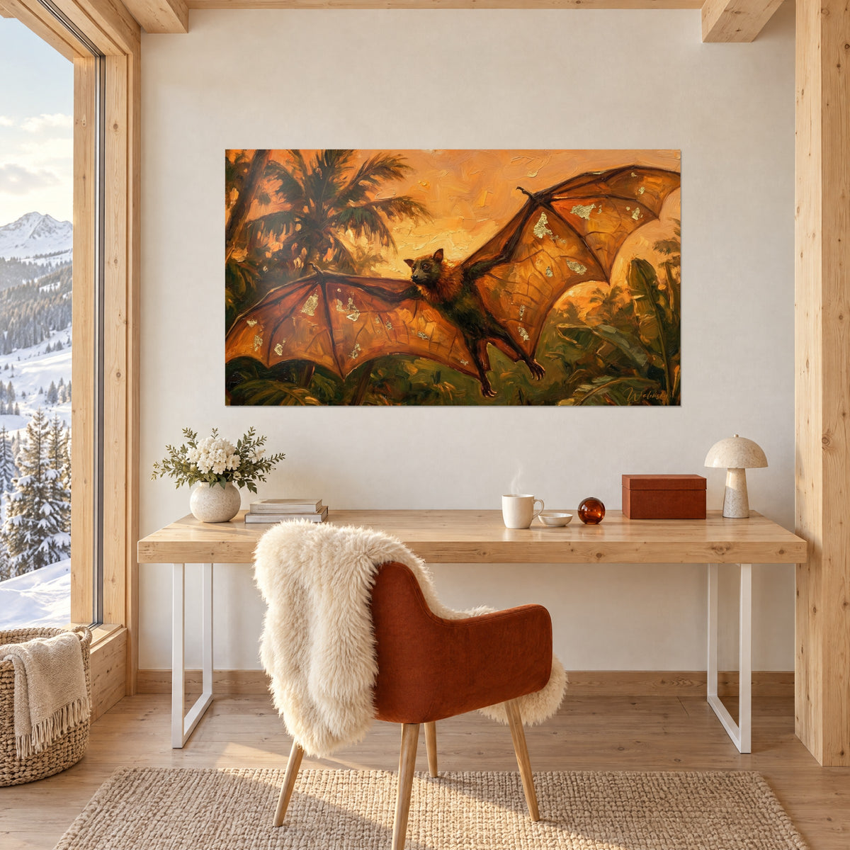 Wall art tropical fruit bat with brown fur, orange wingspan speckled with gold, green palm trees, above a light chalet desk