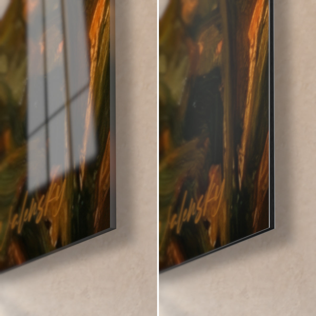 Wall art golden bat with copper wings, bottom right corner with yellow signature, glossy glass and matte Dibond aluminium, 3 mm edge