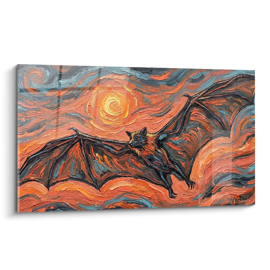 Tableau Chauve-souris aux Ailes Déployées sur Tourbillons Orangés et Dorés - Vol Mystique - Edition Chauve souris