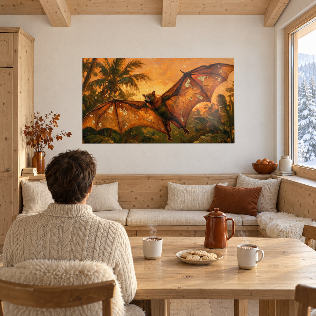 Wall art nocturnal animal in mid-flight, russet fur and amber wings under an apricot sky, facing a wooden table in a chalet