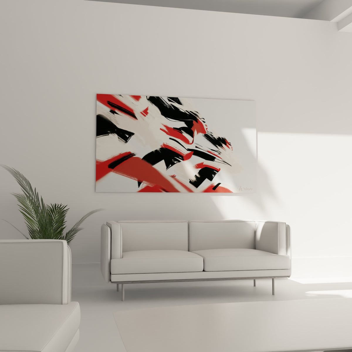 Élan gestuel rouge et anthracite du tableau Cheerleader, disposé au-dessus d'un canapé dans un salon lumineux