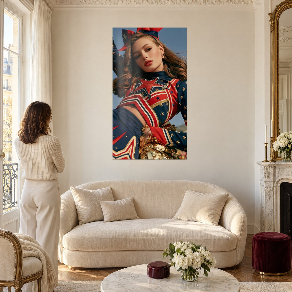 Wall art cheerleader with gold stars, navy and red outfit, scarlet bow, above a sofa in a bright living room