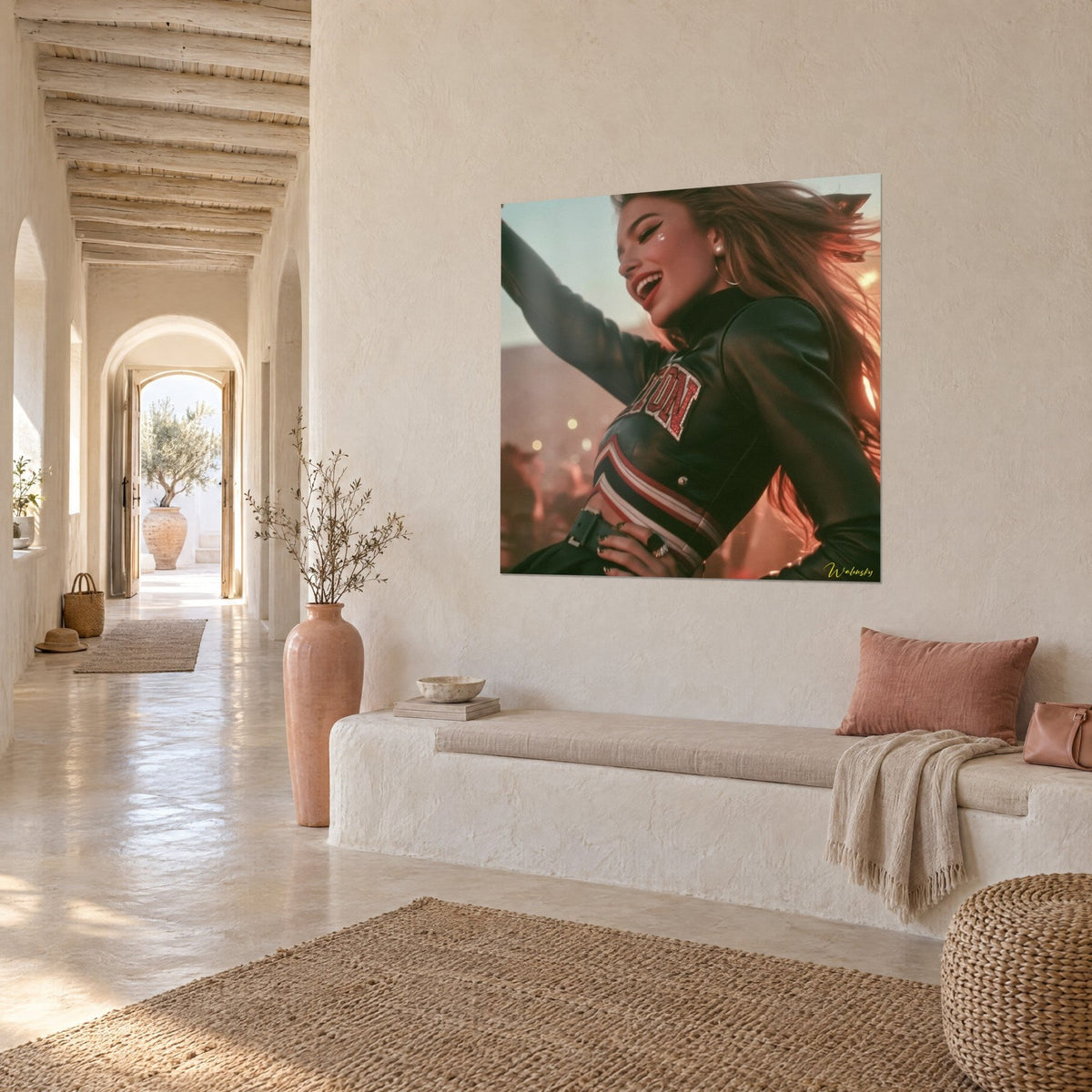 Wall art of a cheer captain laughing out loud, red sequined patch, long golden hair, on the white wall of a vaulted hallway