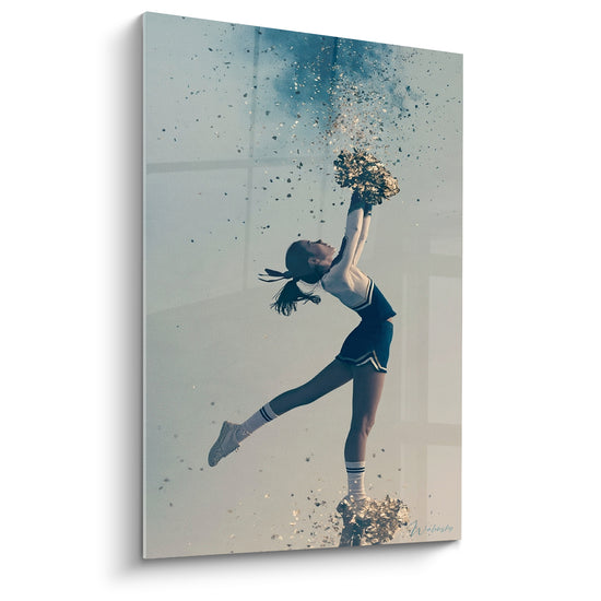 Tableau Pom-pom girl bleu marine et dorée cambrée en arrière - Nuage de particules - Edition Cheerleader