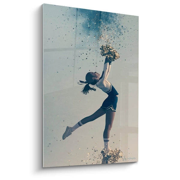 Cheerleader Pom-Pom Girl Navy Blue and Gold Leaning Back - Particle Cloud - Cheerleader Edition