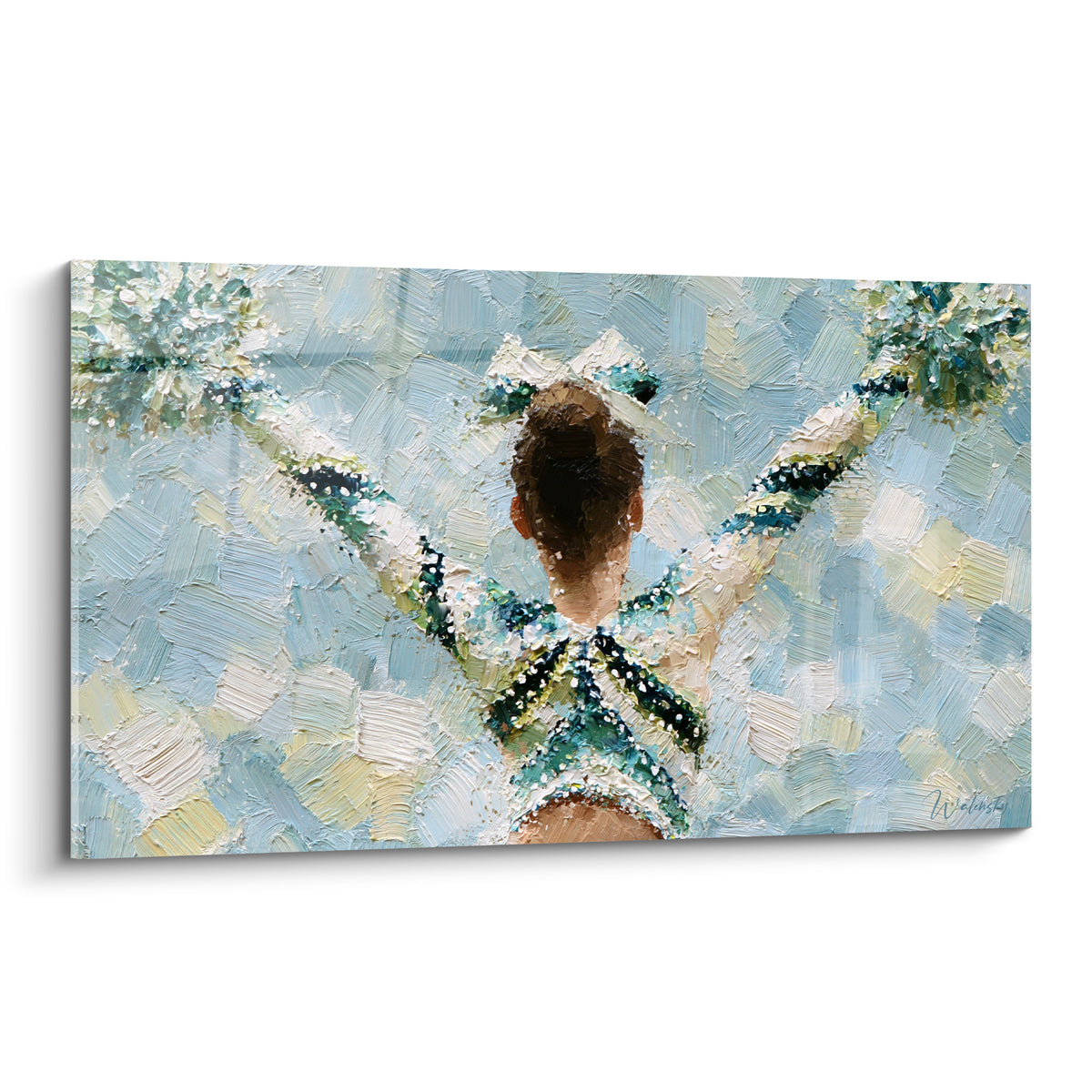 Pom-pom girl bleu marine et vert sauge, bras levés, pompons blancs, texture peinte épaisse
