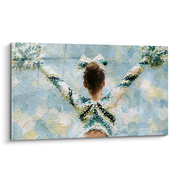 Tableau Pom-pom girl bleue et blanche bras croisés en croix - Chignon brun serré - Edition Cheerleader