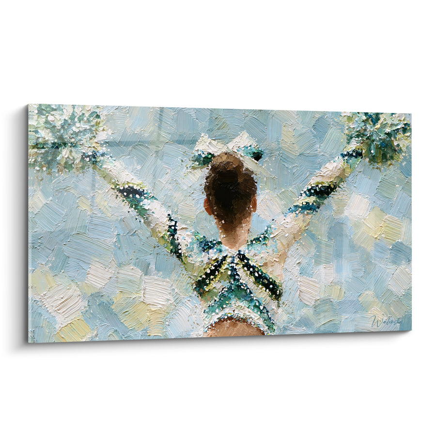 Tableau Pom-pom girl bleue et blanche bras croisés en croix - Chignon brun serré - Edition Cheerleader