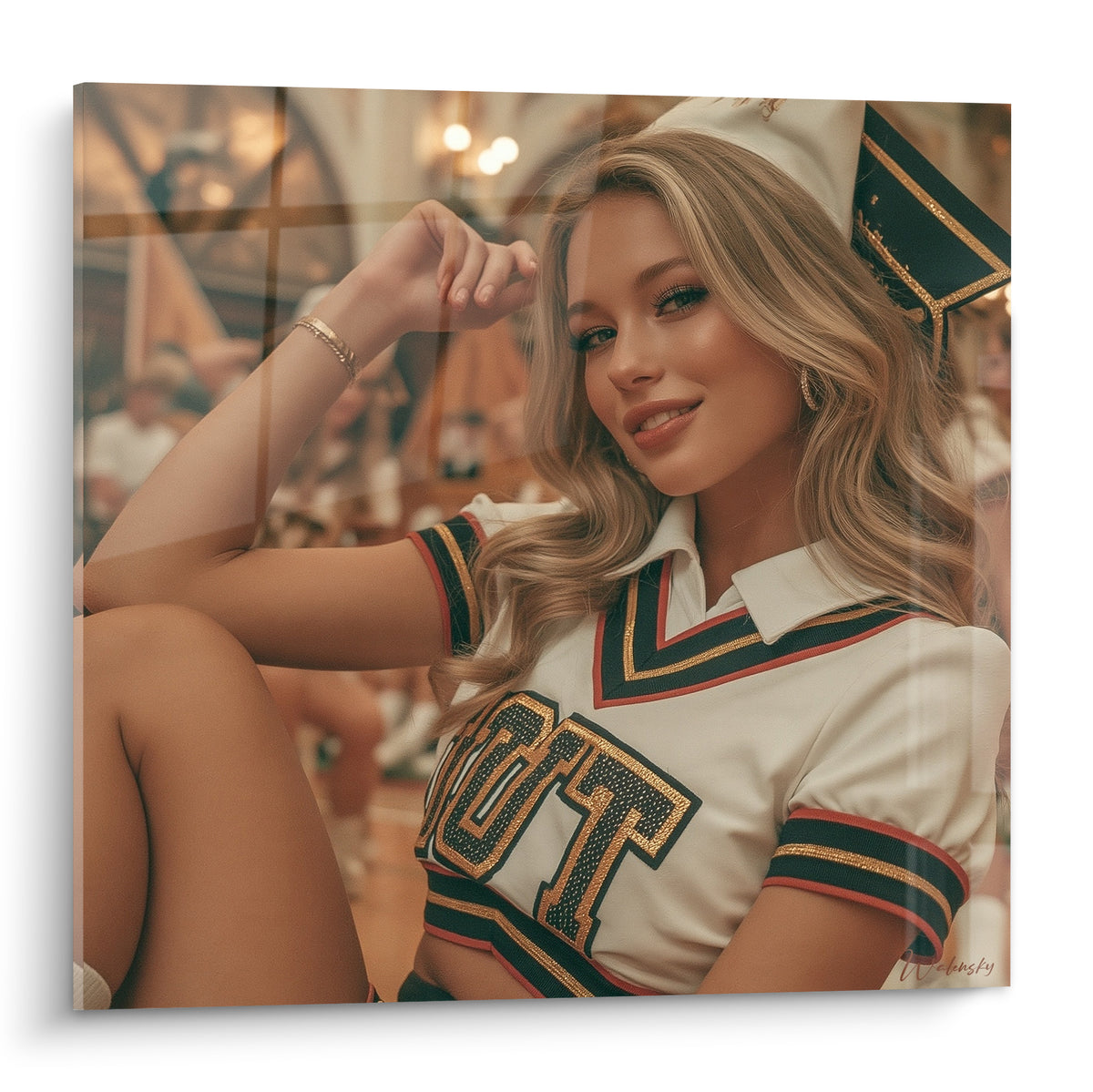 Cheerleader blonde souriante en uniforme blanc et vert bouteille, lumière dorée chaude