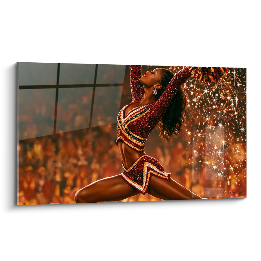 Tableau Pom-pom girl bordeaux et dorée en mouvement - Ovation triomphale - Edition Cheerleader