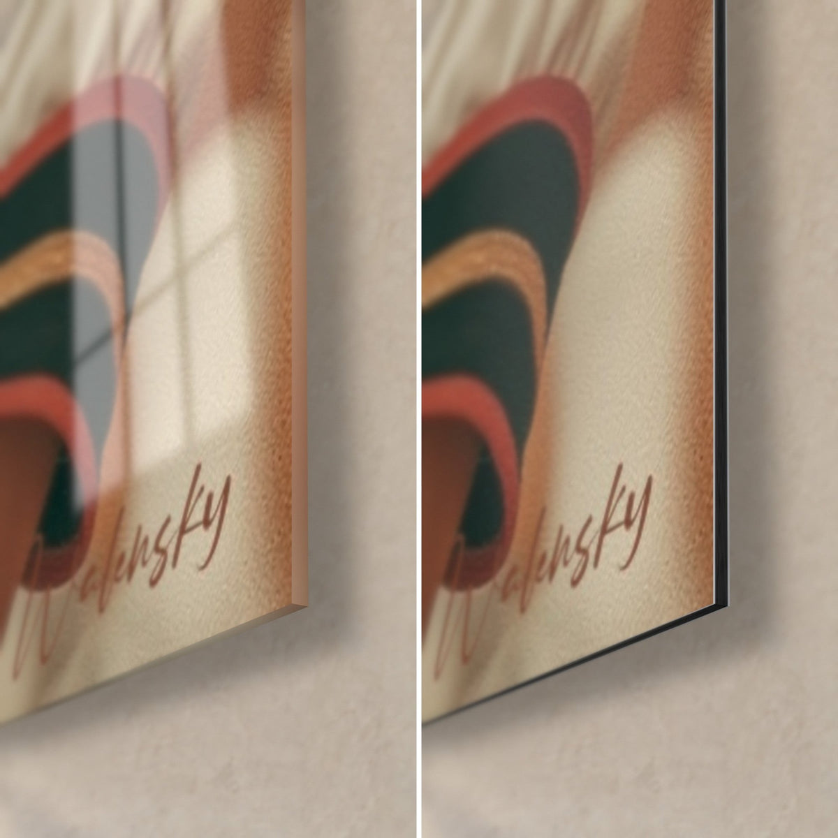 Wall art cheerleader motif, bottom right corner: red, green and gold piping, glossy acrylic glass on the left, matte Dibond on the right