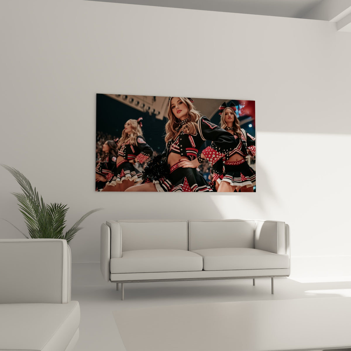 Pom-pom girl aux boucles blondes vêtue de noir et grenat, au-dessus d'un canapé dans un salon lumineux
