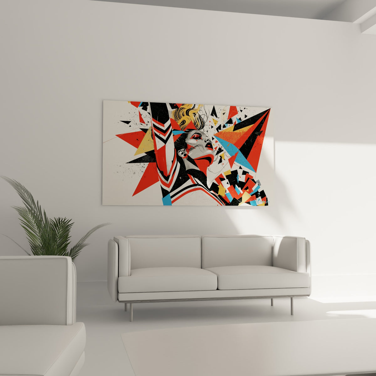 Visage gris et chevelure orangée d'une cheerleader entourée d'éclats bleus, au-dessus d'un canapé dans un salon lumineux