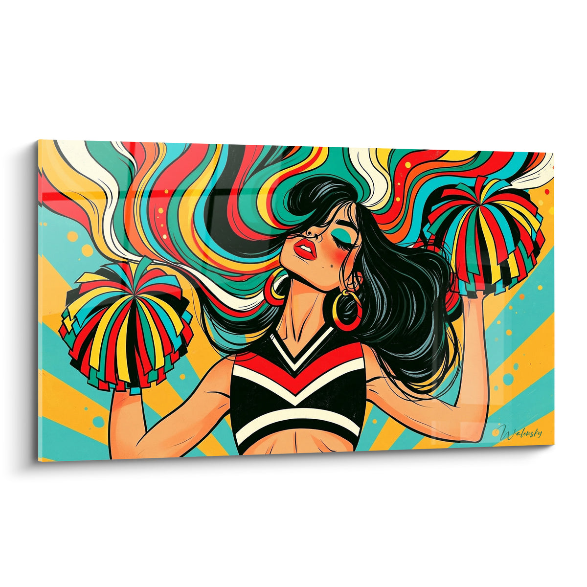 Wall art of a cheerleader with eyes closed, turquoise and red wavy hair, colorful pom-poms held up high