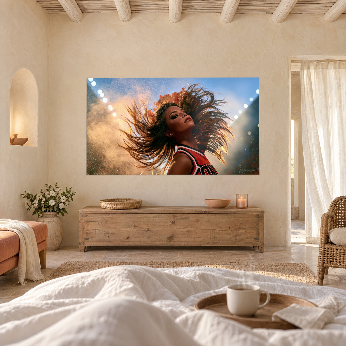 Wall art cheerleader captain in full motion, copper hair and azure sky, above a bed in a bright bedroom