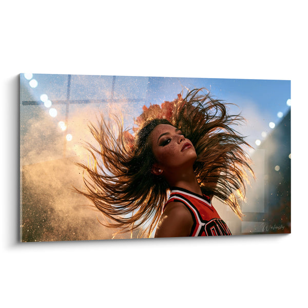 Pom-pom Girl Painting with Red and Gold Flying Hair - Electric Flight - Cheerleader Edition