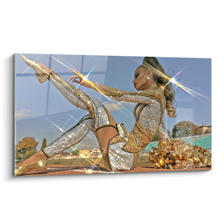 Tableau Pom-pom girl combinaison argentée et dorée scintillante - Étoiles de lumière - Edition Cheerleader