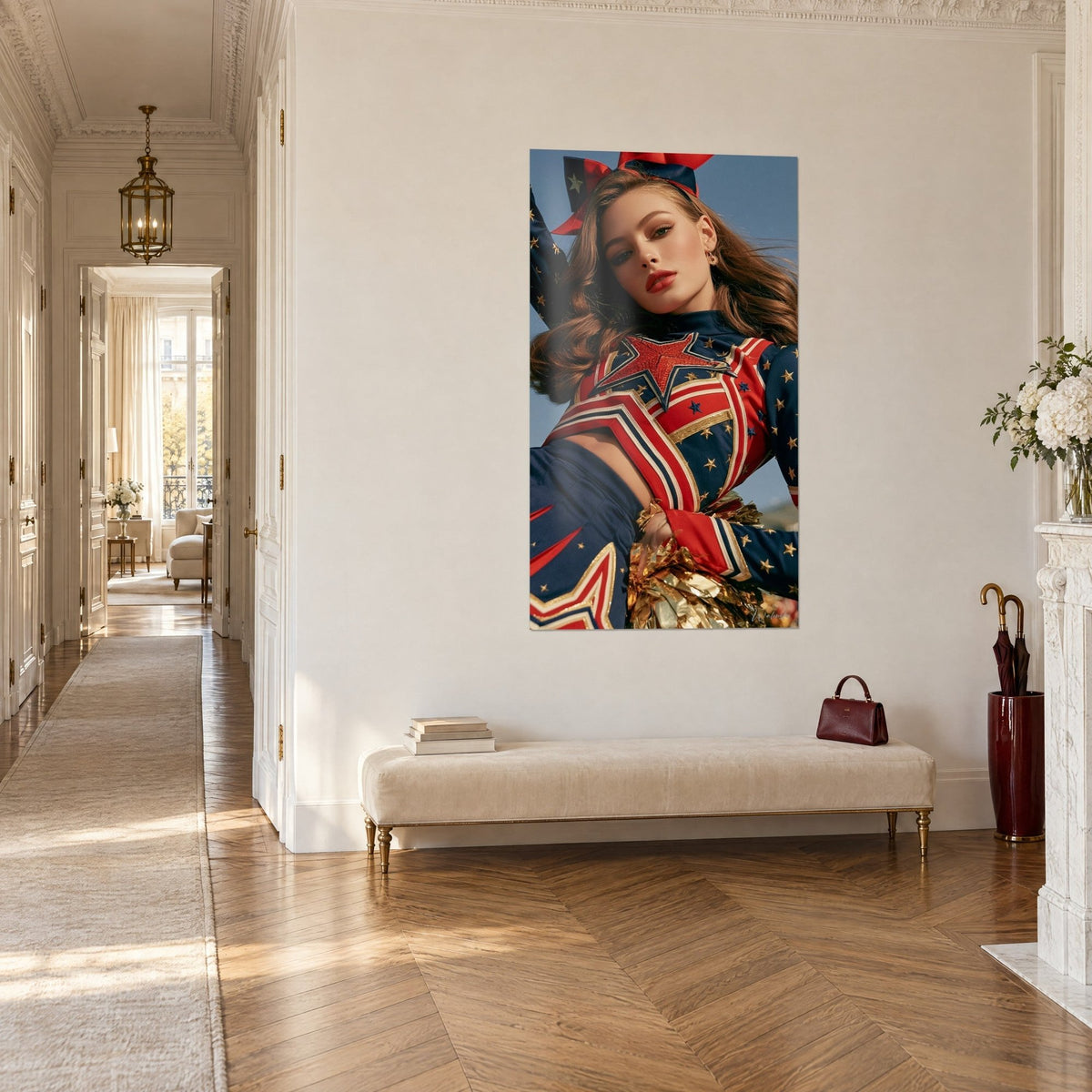 Wall art cheerleader shot from below, auburn hair blowing in the wind, blue sky and gold pom-poms, three-quarter view in a hallway