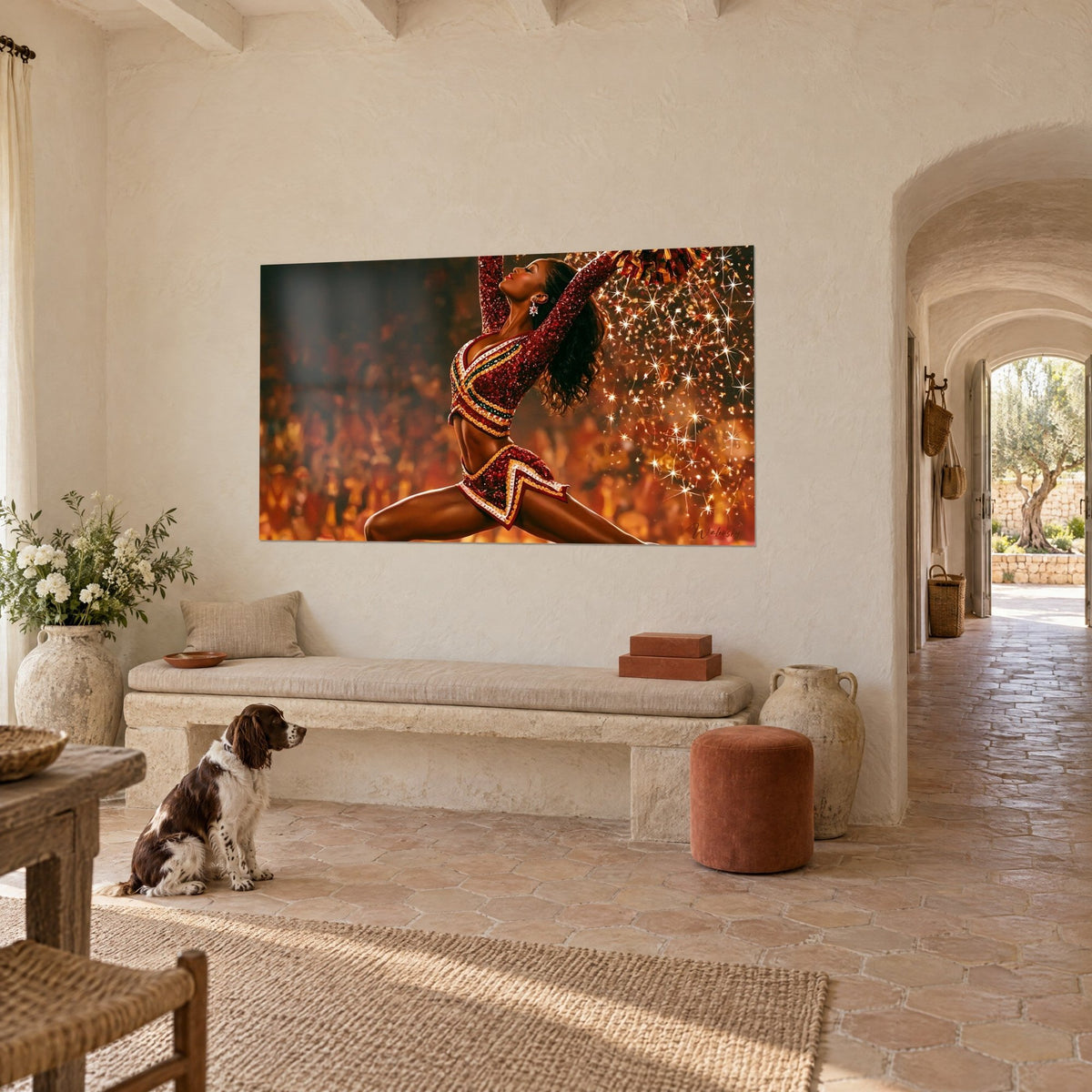 Tableau cheerleader bondissante aux paillettes rubis, bras levés vers un nuage d'étoiles dorées, mur crème d'un mas provençal